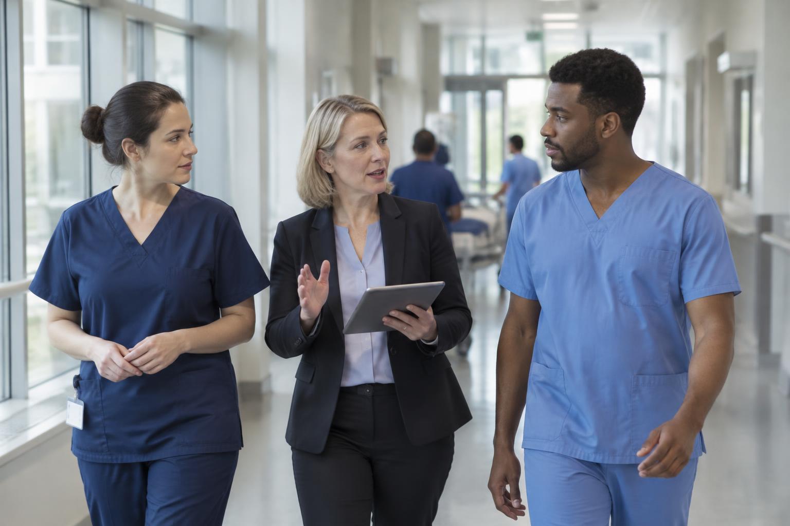 Clinicians and a manager talking as they walk along a hospital corridor