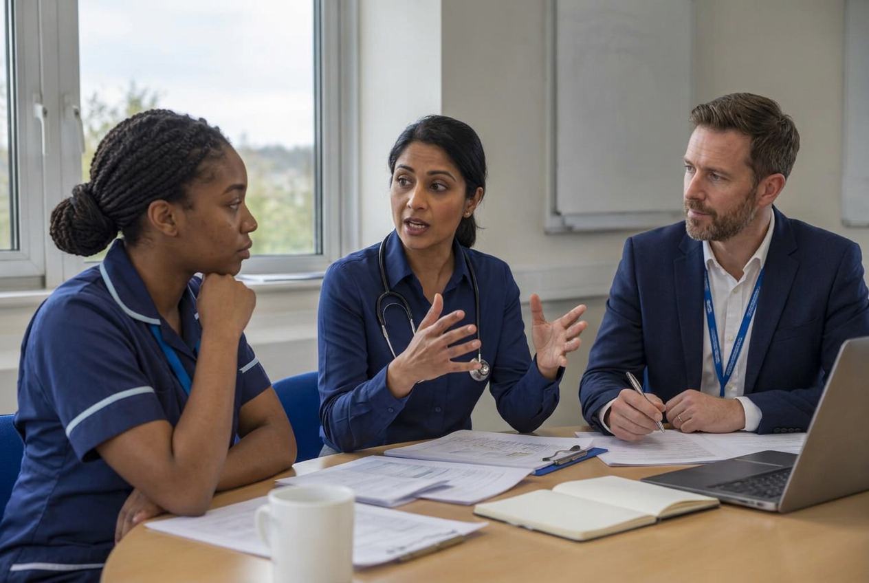 A nurse, doctor and operations lead in a planning discussion