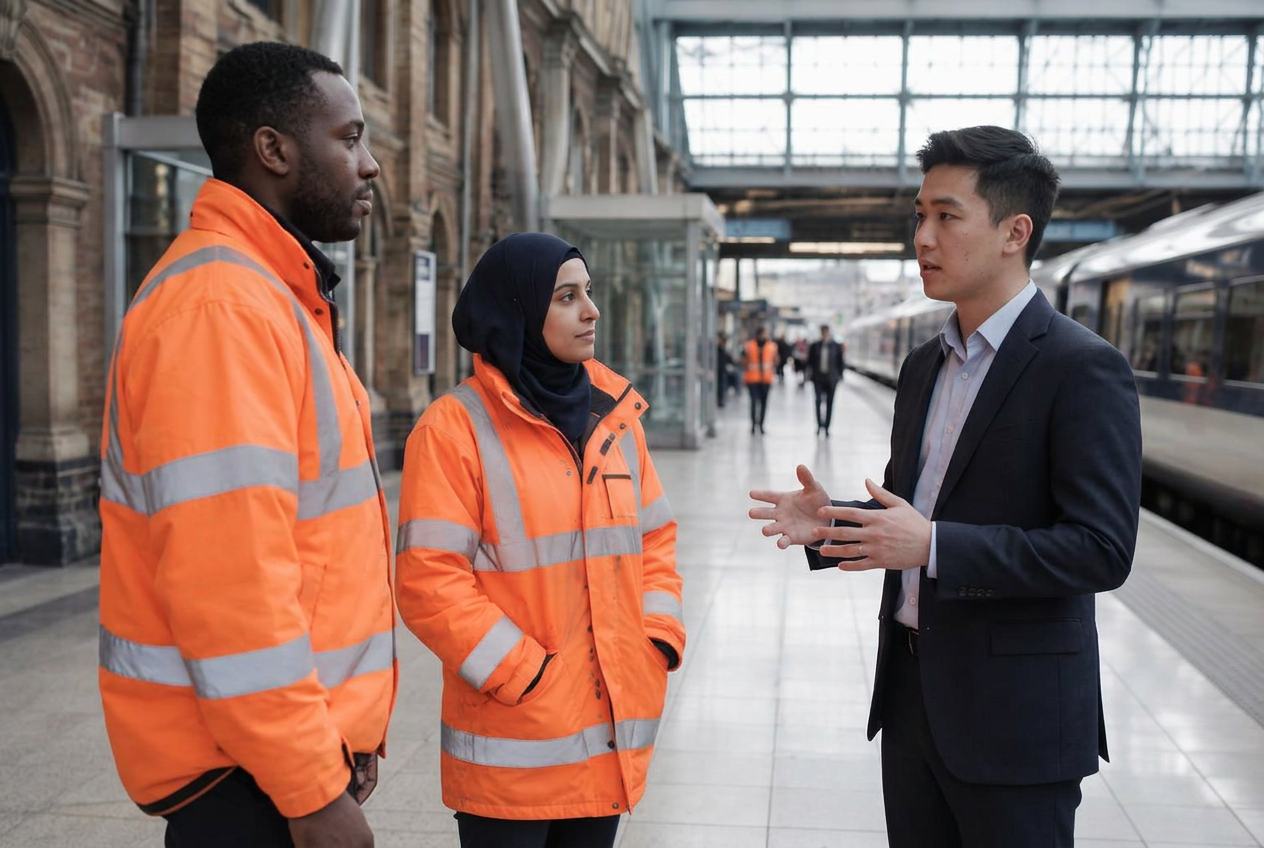 Rail operations staff in conversation on a station platform