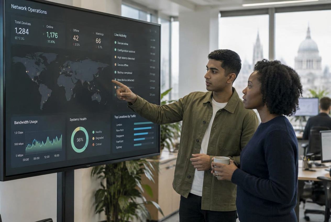 Two colleagues reviewing a network operations dashboard