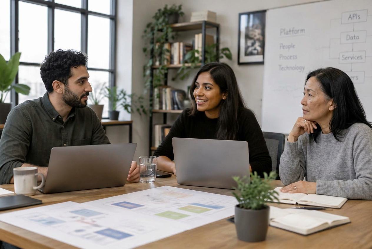 A technology team discussing platform plans around a table