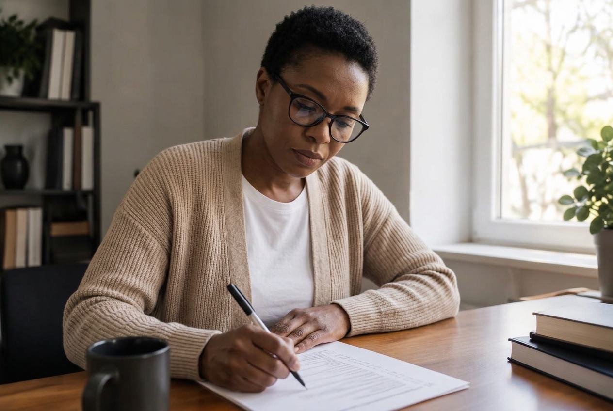 A woman at a desk working through a short priority list