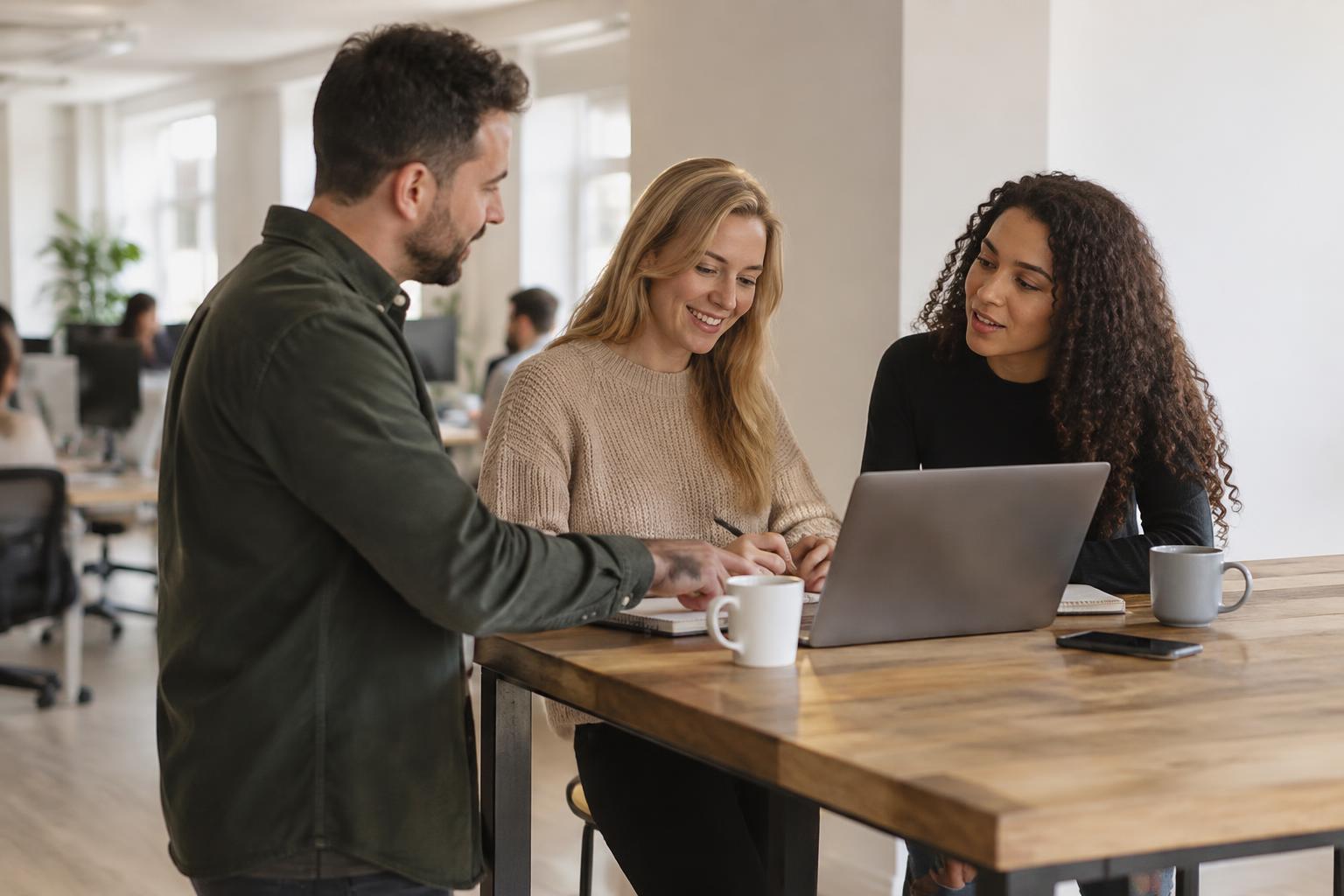 Sales and marketing colleagues working together at a shared table