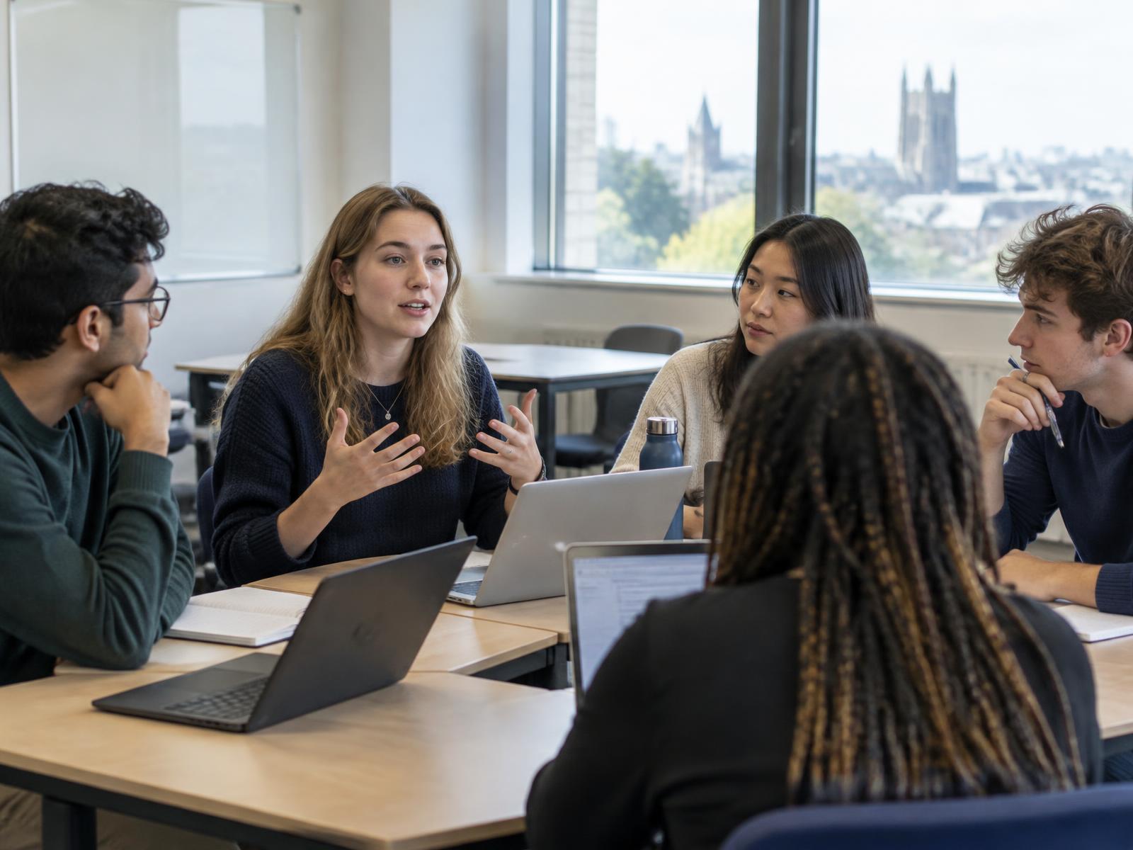 Students talking around a seminar table with laptops and notebooks